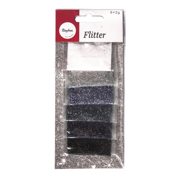 R39407000.jpg RAYHER GLITTER BAG 6X2G SILVER/BLACK MIX - Image 1