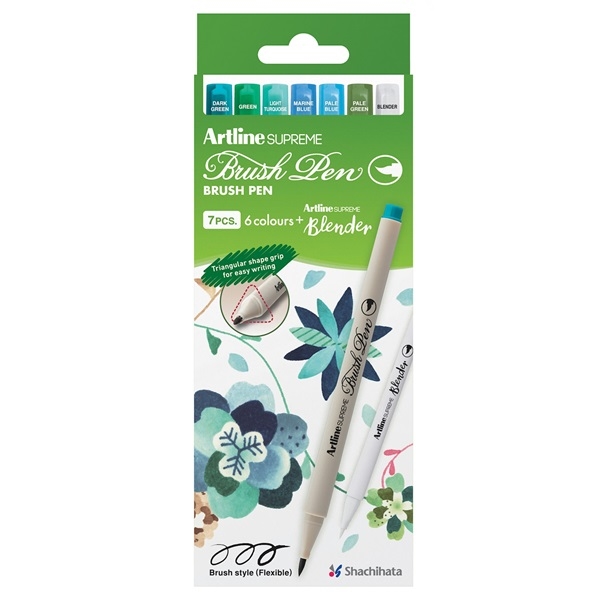 EPFS-F.7BXV1.jpg ARTLINE SUPREME BRUSH PEN MARKER 7PCS SET BLUE/GREEN - Image 1