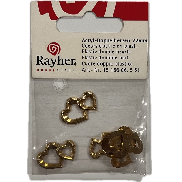 R1515606.jpg RAYHER DECORATION PLASTIC DOUBLE HEARTS 22MM 5PCS GOLD - Image 1