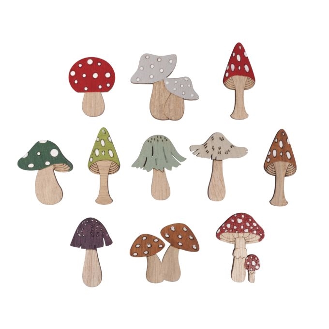 R46766000.jpg RAYHER WOODEN SHAPE MUSHROOMS D.3.2-4.5CM 11PCS - Image 1