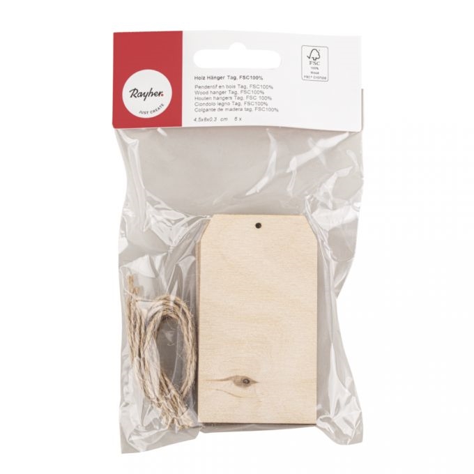 R62846505.jpg RAYHER WOODEN TAG HANGER 6PCS 4.5X8X0.3CM - Image 1