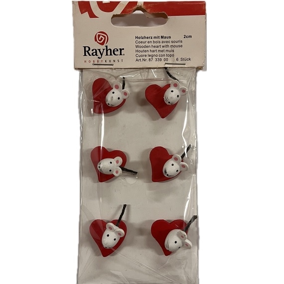 R8733900.jpg RAYHER WOODEN HEART WITH MOUSE 2CM 6PCS - Image 1