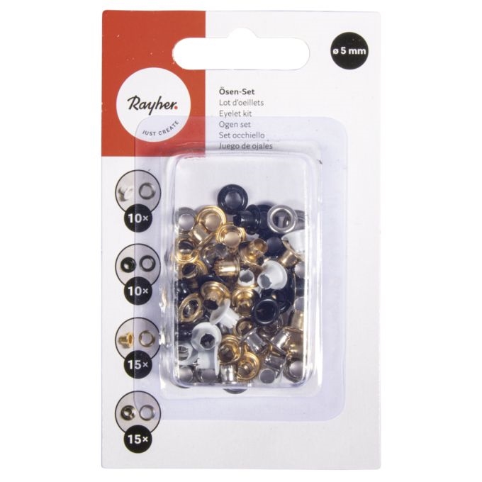 R69288000.jpg RAYHER EYELET KIT ROUND D.5MM 50PCS MIXED - Image 1